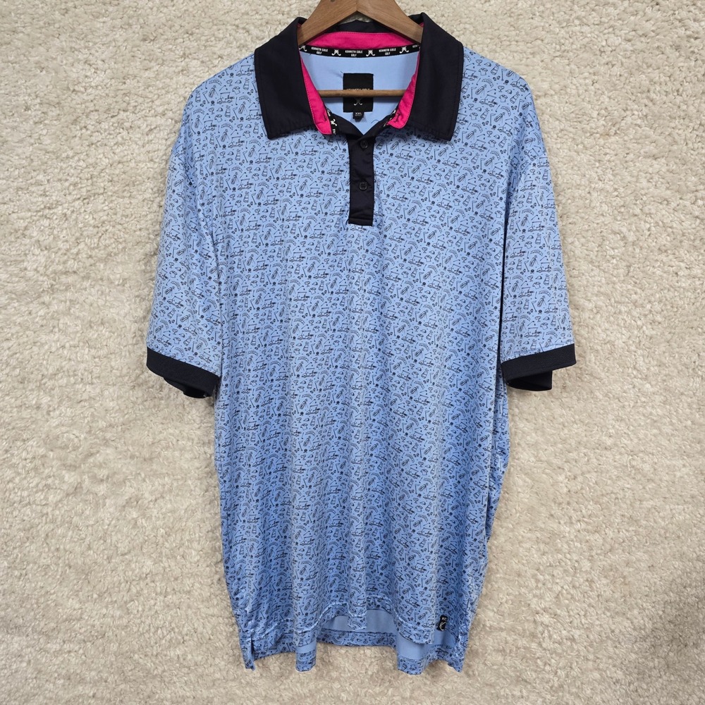 Kenneth Cole Golf‎ Polo Shirt Mens XXL Blue Golf Cart Print Performance Stretch